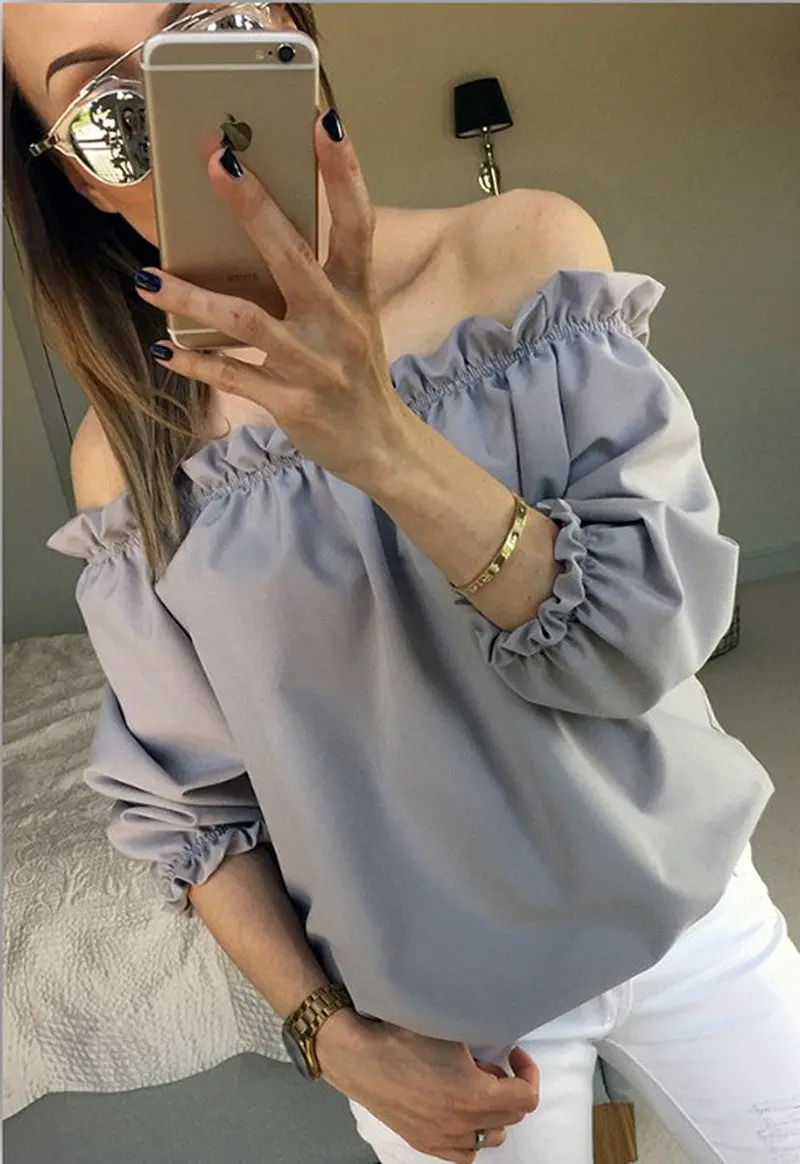 Candy Color Women's Chiffon Blouses Sexy Women Blusas Shirts Slash Neck Off Shoulder Casual Solid Tops Shirts M0471 4