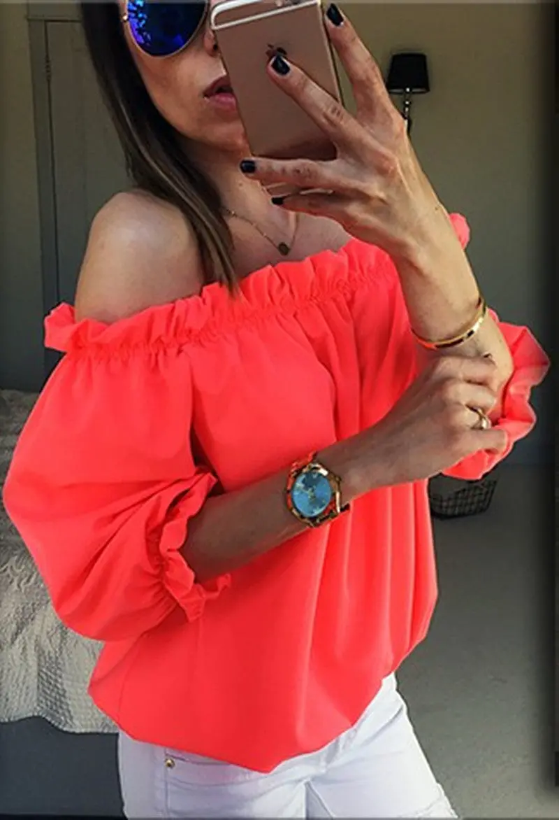 Candy Color Women's Chiffon Blouses Sexy Women Blusas Shirts Slash Neck Off Shoulder Casual Solid Tops Shirts M0471 5