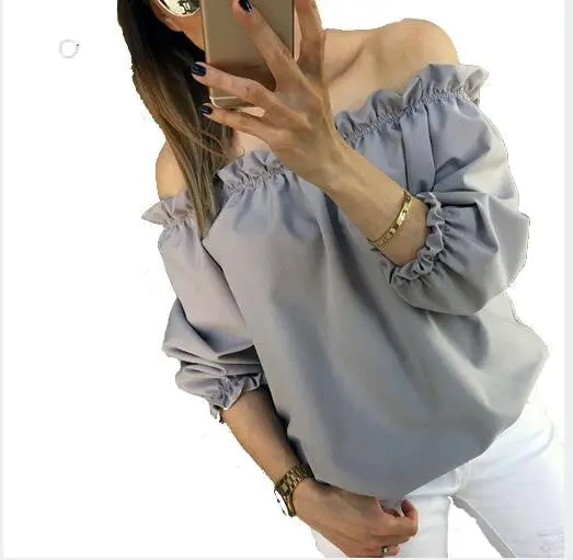 Candy Color Women's Chiffon Blouses Sexy Women Blusas Shirts Slash Neck Off Shoulder Casual Solid Tops Shirts M0471 6