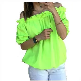 Candy Color Women's Chiffon Blouses Sexy Women Blusas Shirts Slash Neck Off Shoulder Casual Solid Tops Shirts M0471 8