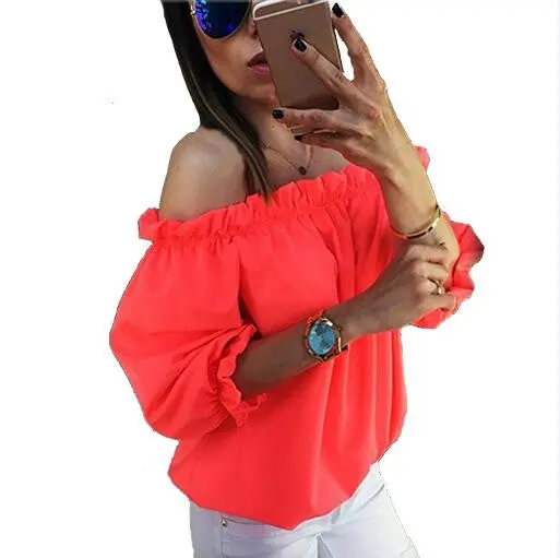 Candy Color Women's Chiffon Blouses Sexy Women Blusas Shirts Slash Neck Off Shoulder Casual Solid Tops Shirts M0471 9