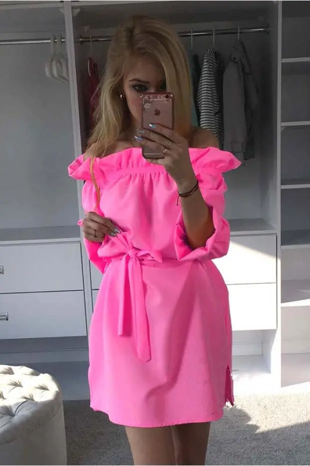 Candy-Colored Slash Neck Bandage Mini Dress with Side Slit & Sash – Clubwear Style