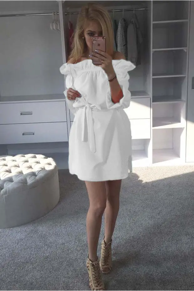Candy-Colored Slash Neck Bandage Mini Dress with Side Slit & Sash – Clubwear Style