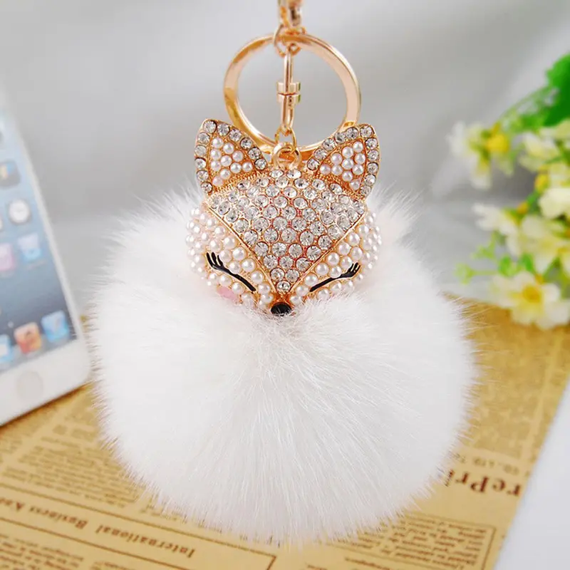 Car Keychain Fox Fur Ball With Artificial Fox Inlay Pearl Rhinestone Key Chain Cool Gifts Key Women Feida 1