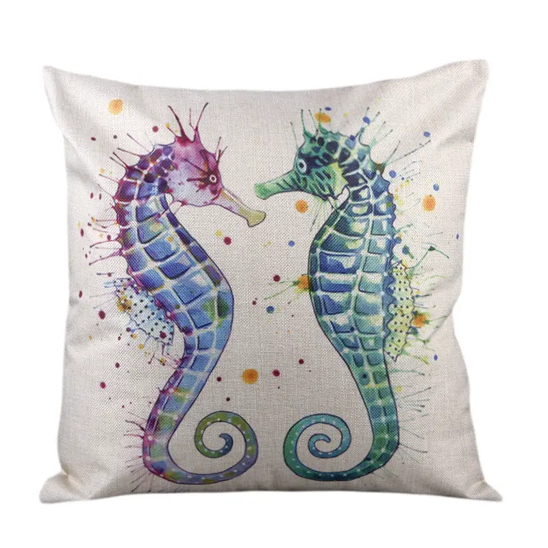 Cartoon 45*45 Watercolor Seahorse Decorative Sofa Cotton Linen Square Throw Pillow Case Cushion Cover 84740 1