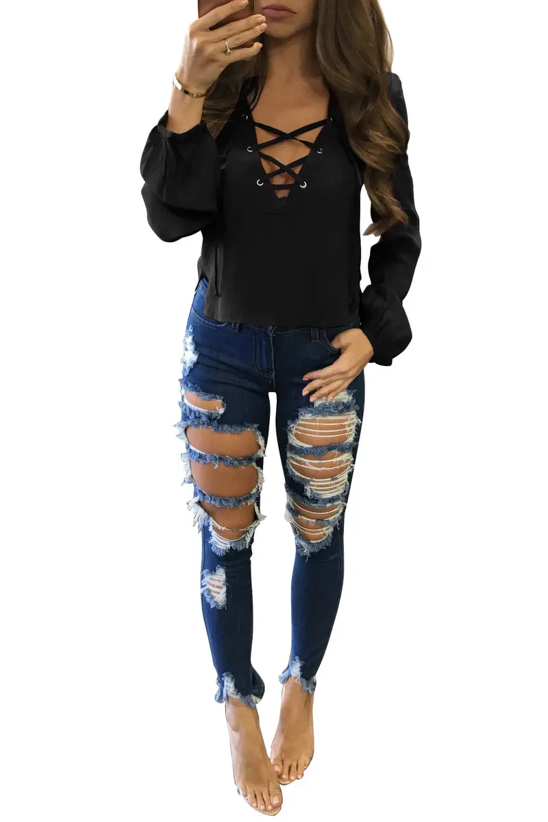 Casual Bandage Crop Tops Long Sleeve Blouses Femme Lace Up Deep V-Neck Women Shirts Plus Size Lx113 1