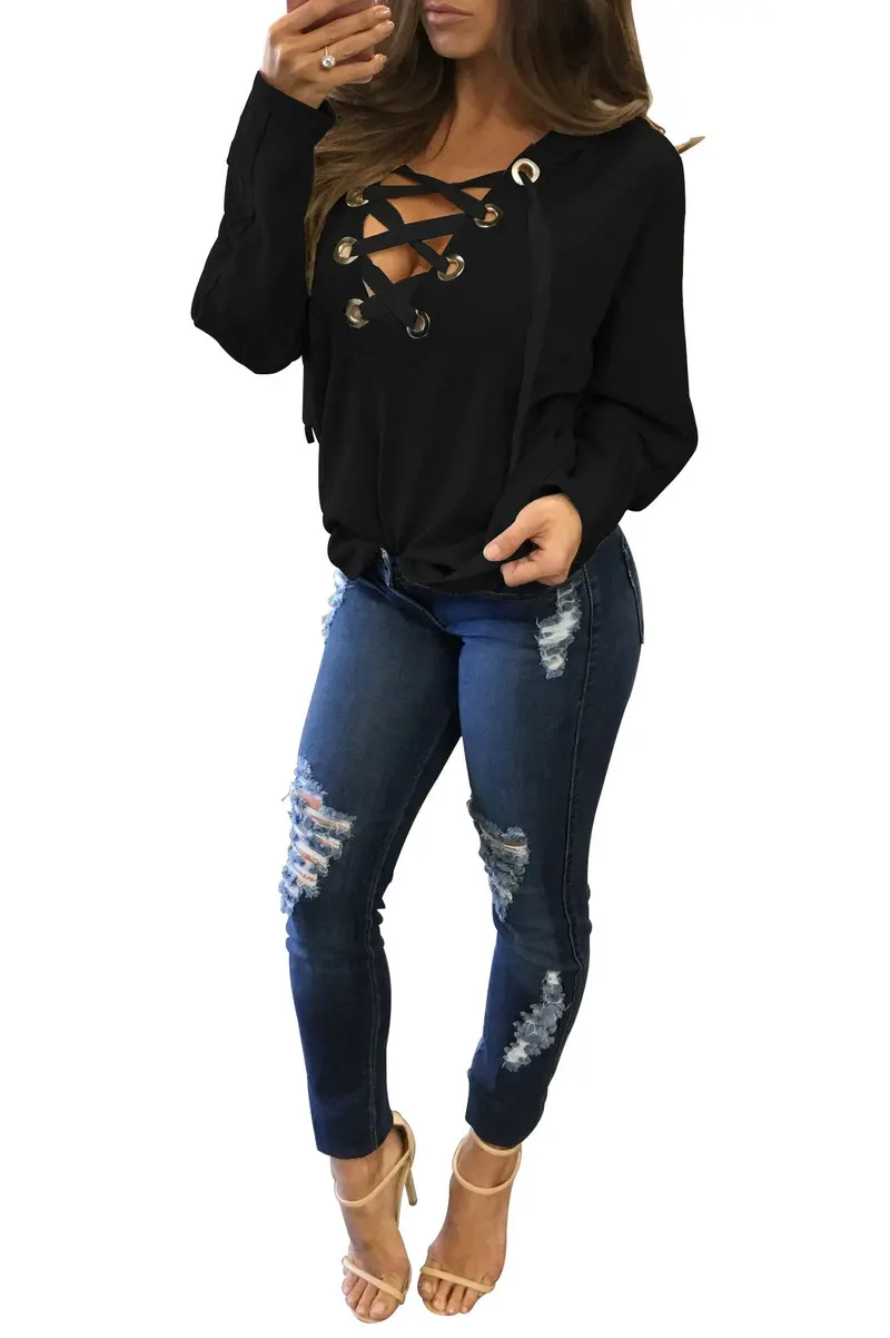 Casual Bandage Hoodies Long Sleeve Lace Up Pullovers Top Women Deep V-Neck Hooded Sweatershirt Lx112 1