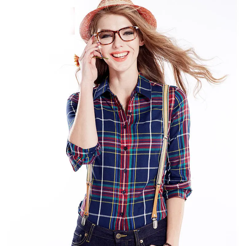 Casual Blouse Women Blouses Lapel Plaid Shirt Colorful Long Sleeve Tops Cotton Shirt Clothing Blusas 1
