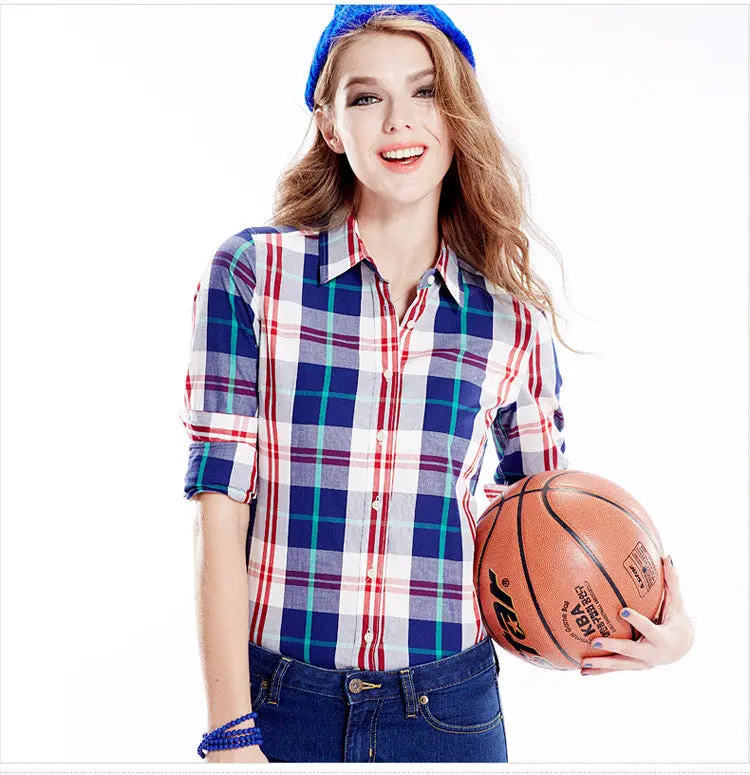 Casual Blouse Women Blouses Lapel Plaid Shirt Colorful Long Sleeve Tops Cotton Shirt Clothing Blusas 10