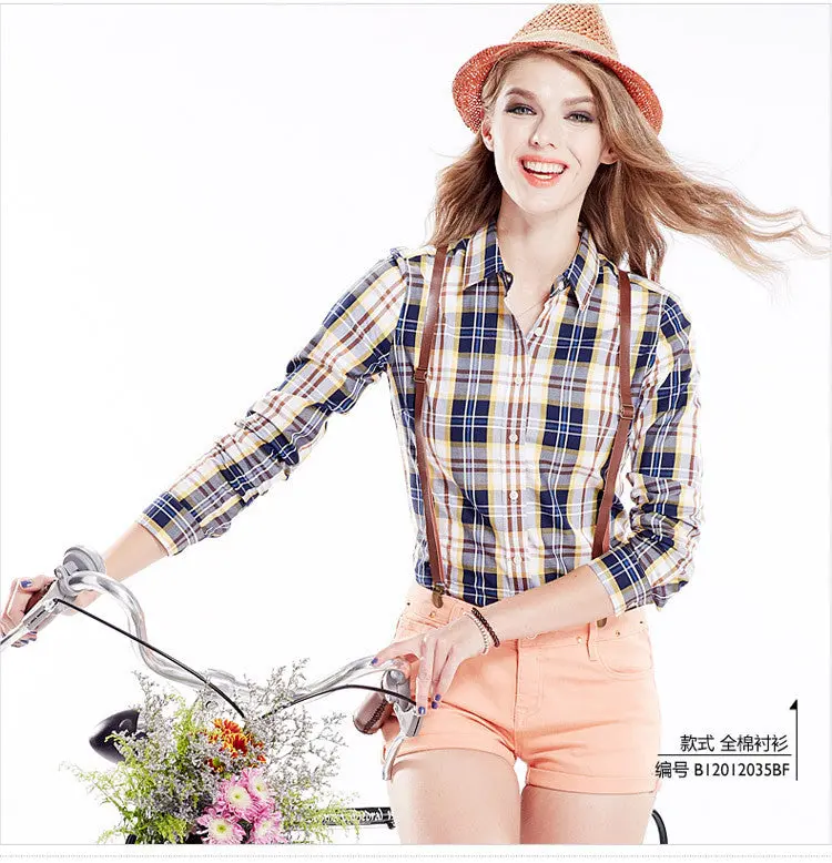 Casual Blouse Women Blouses Lapel Plaid Shirt Colorful Long Sleeve Tops Cotton Shirt Clothing Blusas 12