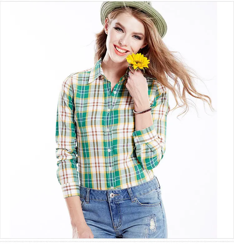Casual Blouse Women Blouses Lapel Plaid Shirt Colorful Long Sleeve Tops Cotton Shirt Clothing Blusas 13