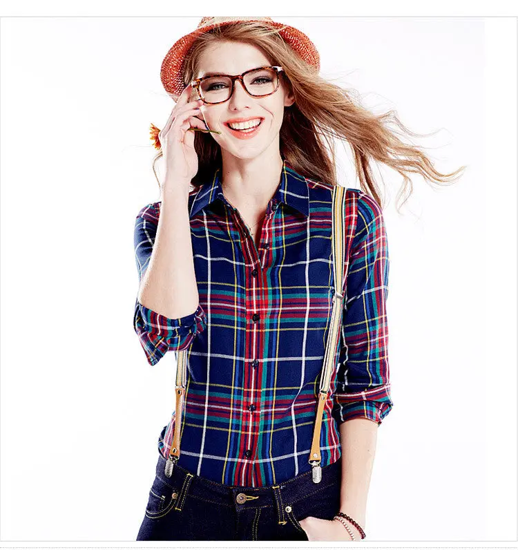 Casual Blouse Women Blouses Lapel Plaid Shirt Colorful Long Sleeve Tops Cotton Shirt Clothing Blusas 9