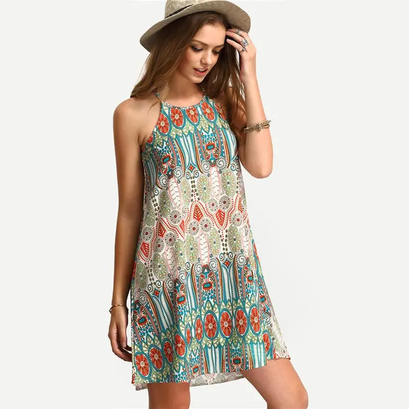 Casual Boho Mini Women Dress Strap Beach Dress Floral Print Tunic Sleeveless Short Chiffon Dress Vestido De Renda 1
