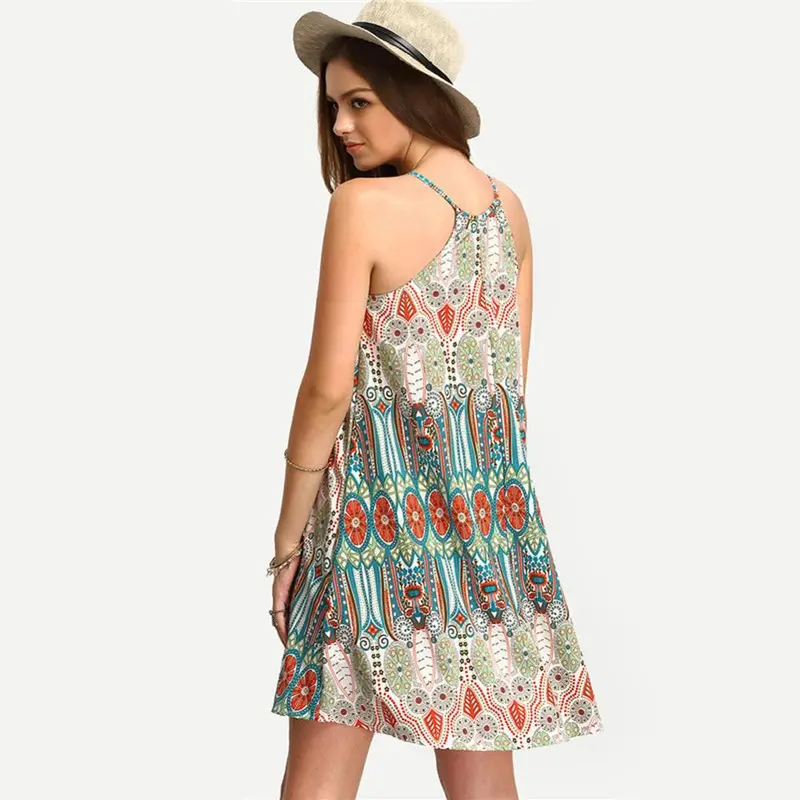 Casual Boho Mini Women Dress Strap Beach Dress Floral Print Tunic Sleeveless Short Chiffon Dress Vestido De Renda 2