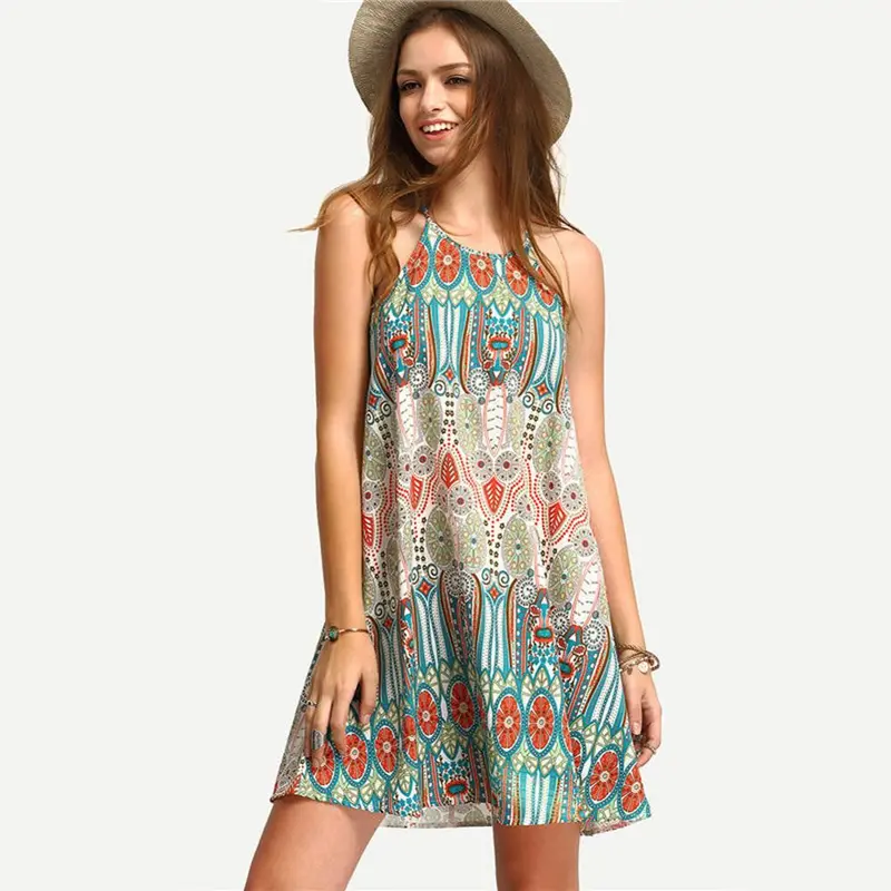 Casual Boho Mini Women Dress Strap Beach Dress Floral Print Tunic Sleeveless Short Chiffon Dress Vestido De Renda 3