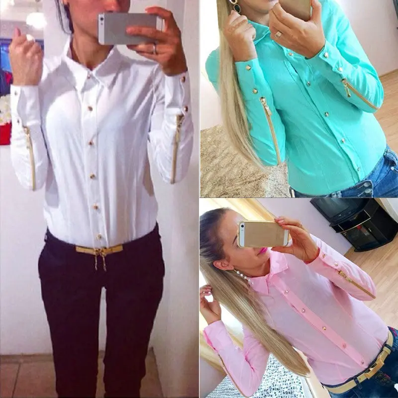 Casual Chiffon Shirt Women Long Sleeve Button Zipper Down Office Tops Shirt Blouses Blusas Y Camisas Mujer Plus Size 9