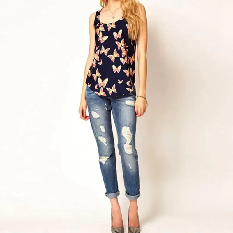 Casual Chiffon Shirts Sexy Deep Roundneck Women Blouses Blue White Sleeveless Solid Tops Plus Size Loose Blusas 1