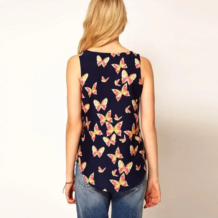 Casual Chiffon Shirts Sexy Deep Roundneck Women Blouses Blue White Sleeveless Solid Tops Plus Size Loose Blusas 2