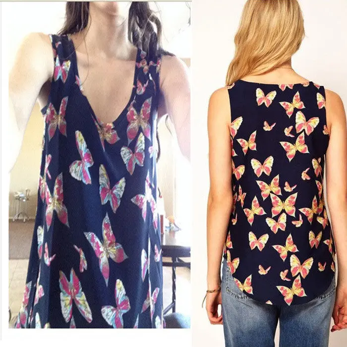 Casual Chiffon Shirts Sexy Deep Roundneck Women Blouses Blue White Sleeveless Solid Tops Plus Size Loose Blusas 3