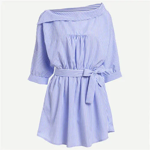 Casual Dress One Shoulder Striped Dress For Women Robe Button Side Half Sleeve Slip Shoulder Dress 1