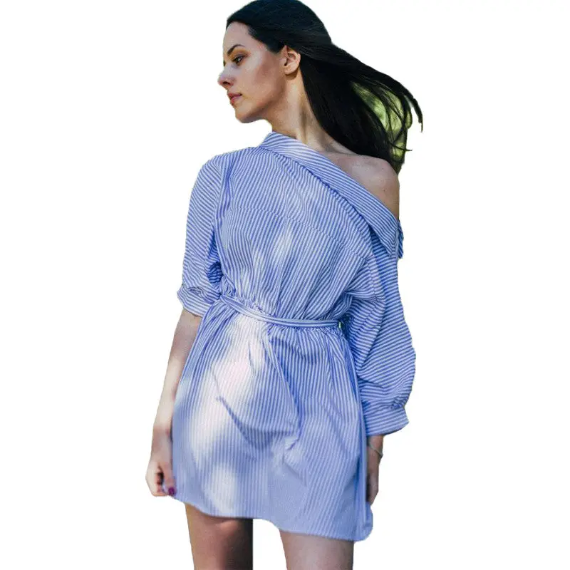 Casual Dress One Shoulder Striped Dress For Women Robe Button Side Half Sleeve Slip Shoulder Dress 2