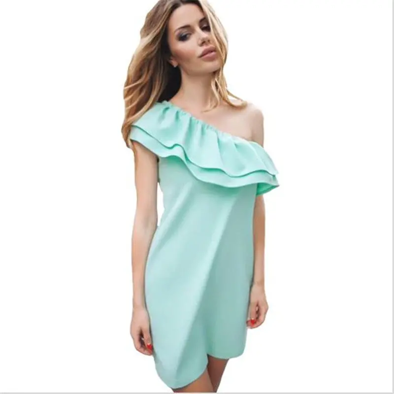 Casual Dress Women One-Shoulder Ruffle Dresses Candy Colors Sexy Beach Dress Mini Party Dress 6