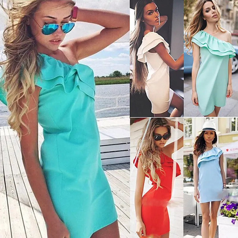Casual Dress Women One-Shoulder Ruffle Dresses Candy Colors Sexy Beach Dress Mini Party Dress 7