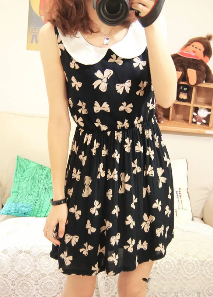 Casual Dress Women Peter Pan Collar Bowknot Vest Dress Sundress Sleeveless Dress Sale Feida 1
