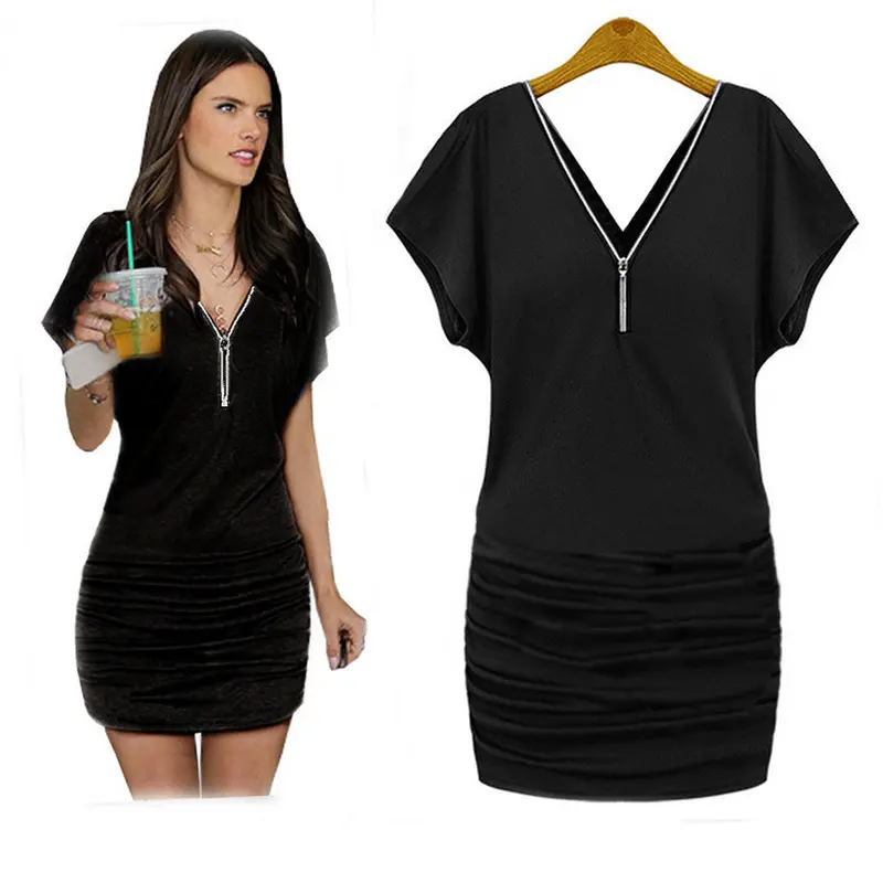 Casual Dress Women V Collar Sexy Zipper Bodycon Fold Dress Short Dress Clothing For Women Robe 1