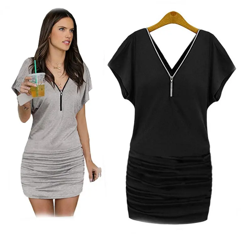 Casual Dress Women V Collar Sexy Zipper Bodycon Fold Dress Short Dress Clothing For Women Robe 5