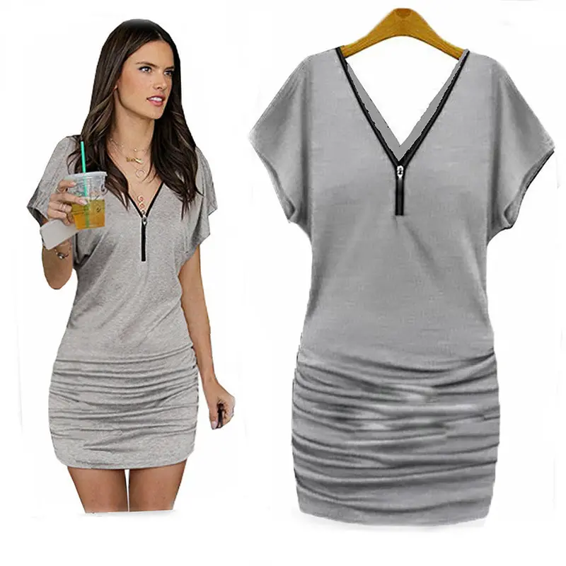 Casual Dress Women V Collar Sexy Zipper Bodycon Fold Dress Short Dress Clothing For Women Robe 6