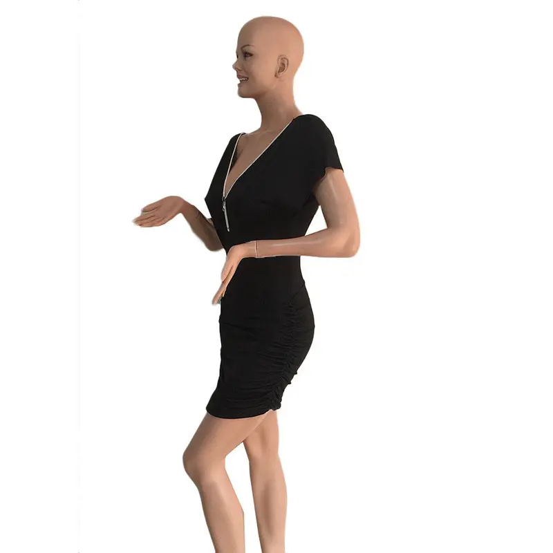 Casual Dress Women V Collar Sexy Zipper Bodycon Fold Dress Short Dress Clothing For Women Robe 7