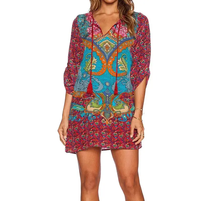 Casual Ethnic Totem Paisley Floral Print Streamer V-Neck Shift Dress Strappy 3/4 Sleeve Dresses Vestidos Women Dress 1