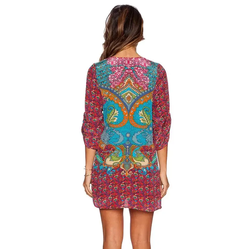Casual Ethnic Totem Paisley Floral Print Streamer V-Neck Shift Dress Strappy 3/4 Sleeve Dresses Vestidos Women Dress 3