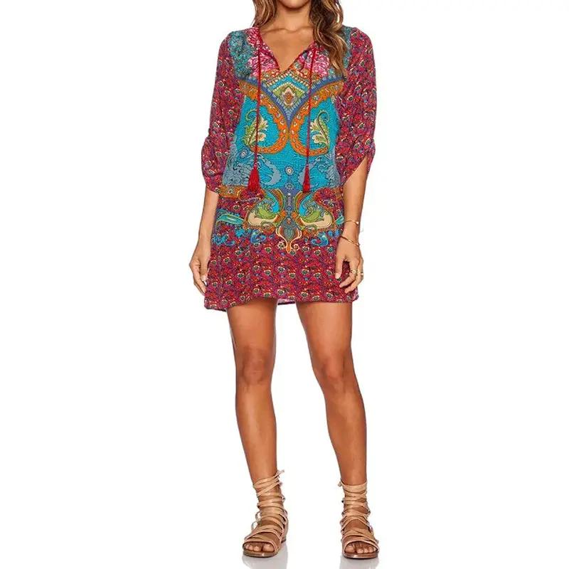 Casual Ethnic Totem Paisley Floral Print Streamer V-Neck Shift Dress Strappy 3/4 Sleeve Dresses Vestidos Women Dress 4