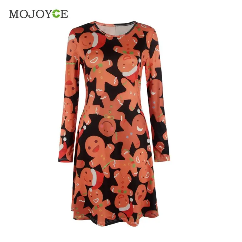 Casual Gingerbread Man Christmas Women Dress Snowman Snowflake Printed Long Sleeve Dress Christmas Vestidos Plus Size 2
