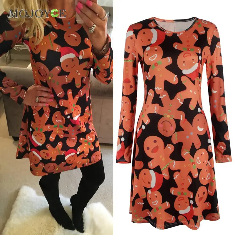 Casual Gingerbread Man Christmas Women Dress Snowman Snowflake Printed Long Sleeve Dress Christmas Vestidos Plus Size 3