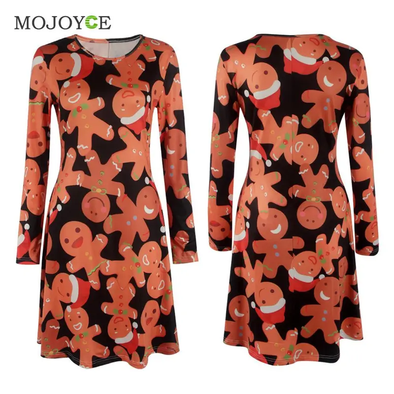 Casual Gingerbread Man Christmas Women Dress Snowman Snowflake Printed Long Sleeve Dress Christmas Vestidos Plus Size 4