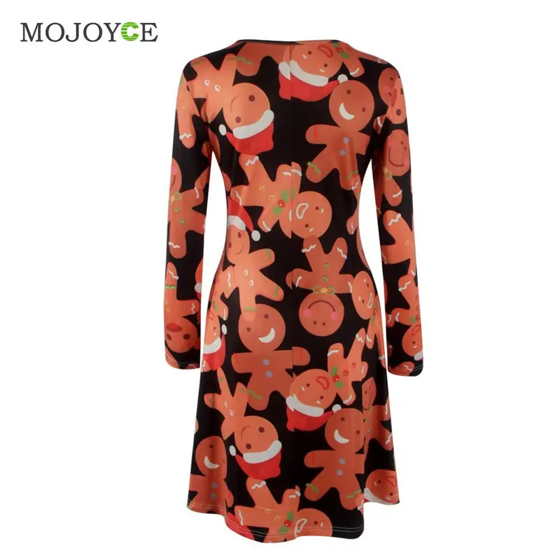 Casual Gingerbread Man Christmas Women Dress Snowman Snowflake Printed Long Sleeve Dress Christmas Vestidos Plus Size 5
