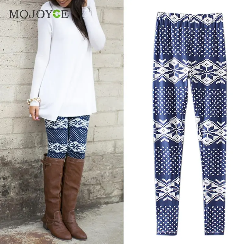 Casual Leaves Geometry Print Reindeer Fully Lined Leggings Women Girls Stretchy Vintage Slim Skinny Pencil Pants Plus Size S-Xl 3
