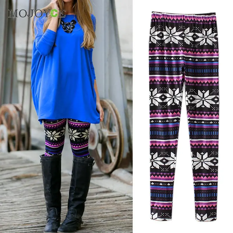 Casual Leaves Geometry Print Reindeer Fully Lined Leggings Women Girls Stretchy Vintage Slim Skinny Pencil Pants Plus Size S-Xl 5