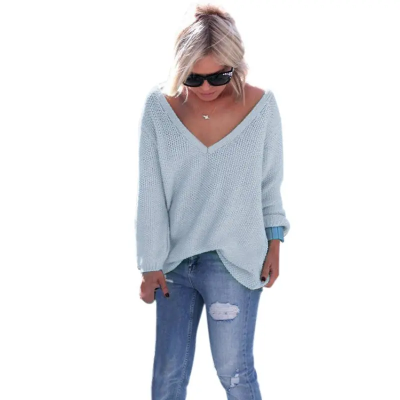 Casual Loose Knitwear Pull Femme Sexy Deep V Long Sleeve Knitted Sweater Solid Jumper Top Pullover Women 6 Colors Xl 10