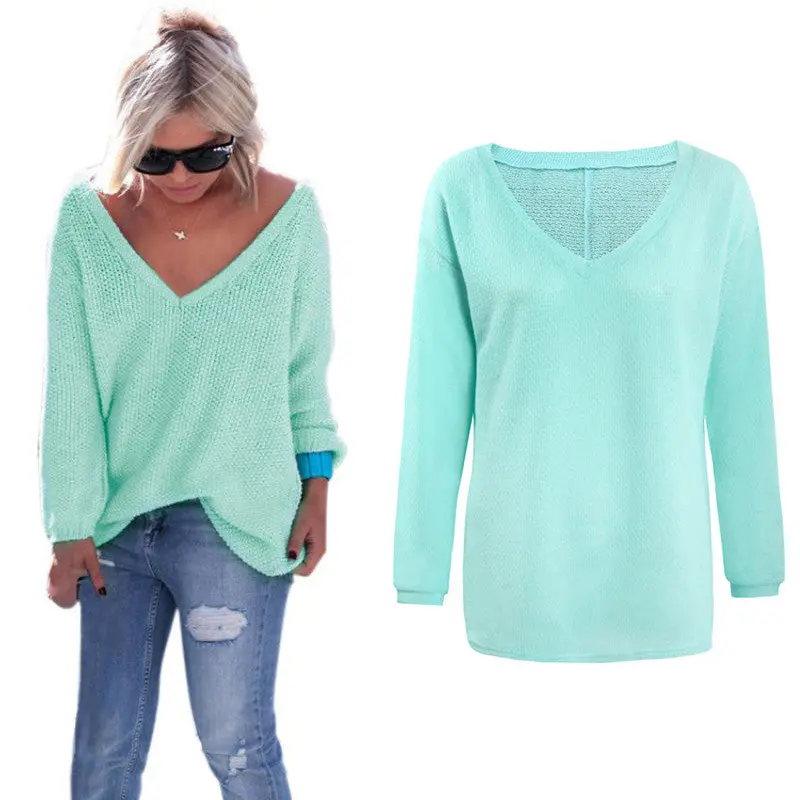 Casual Loose Knitwear Pull Femme Sexy Deep V Long Sleeve Knitted Sweater Solid Jumper Top Pullover Women 6 Colors Xl 7