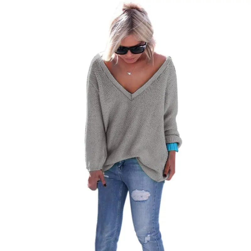 Casual Loose Knitwear Pull Femme Sexy Deep V Long Sleeve Knitted Sweater Solid Jumper Top Pullover Women 6 Colors Xl 8