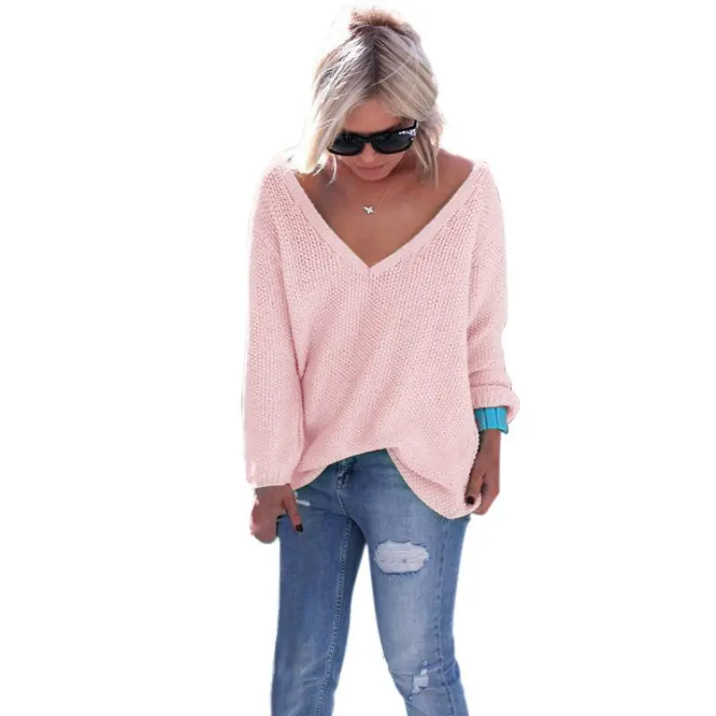 Casual Loose Knitwear Pull Femme Sexy Deep V Long Sleeve Knitted Sweater Solid Jumper Top Pullover Women 6 Colors Xl 9