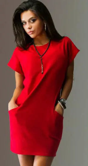Casual O-Neck Short Sleeve Mini Dress – Solid Color, Two-Pocket Design