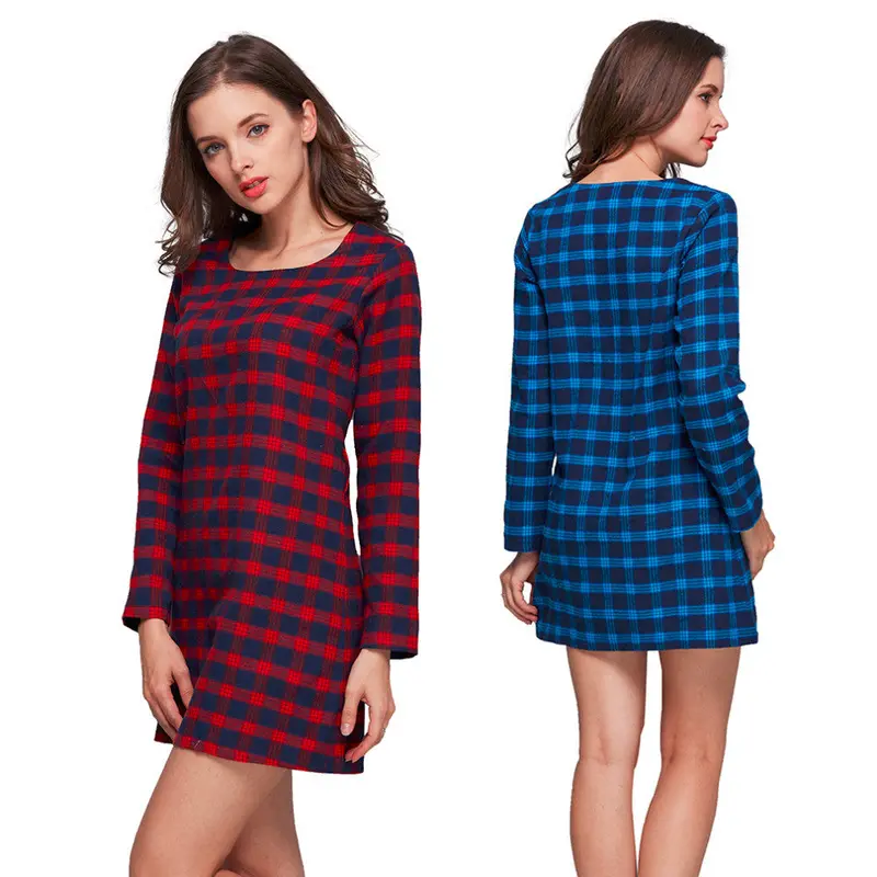 Casual Plaid Long Sleeve Long Section Tops Dress 4