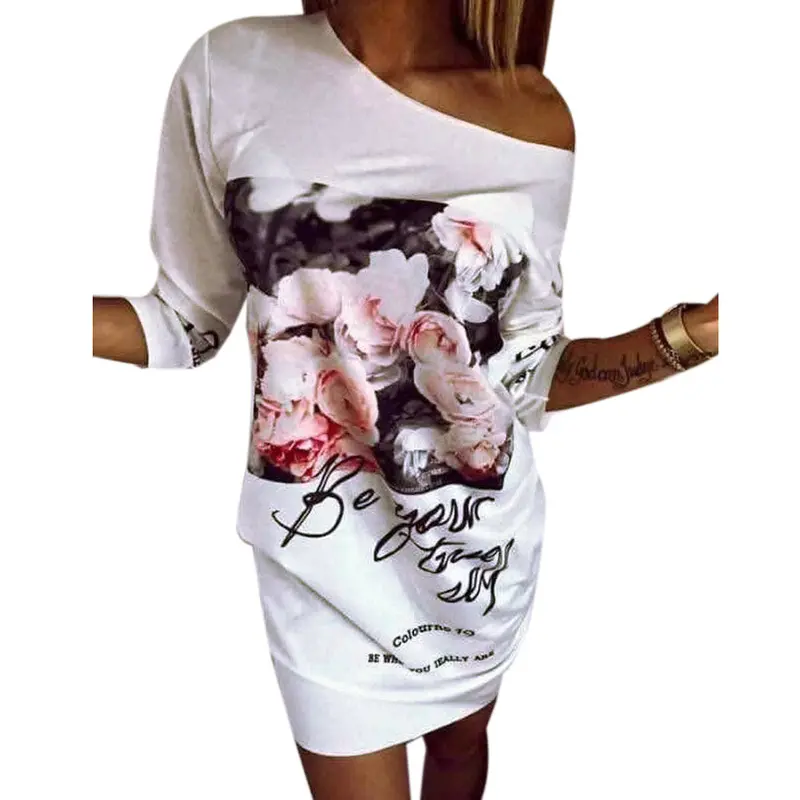 Casual Print Dress Printing Loose Bodycon Formal Party Dress Round Neck Floral Above-Knee Length Dresses Vestidos 1