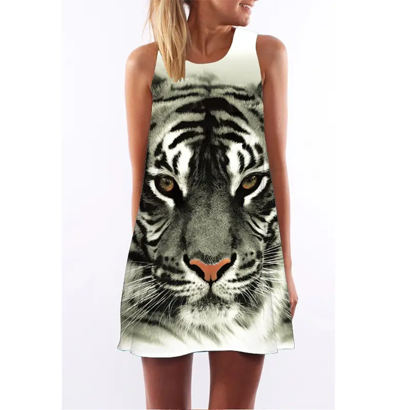 Casual Print Dress Tiger Pattern Printed Sleeveless Vest Dress Vestidos Woman Short Mini Dresses 1