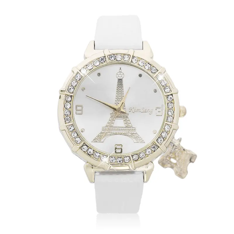 Casual Quartz Watch Pu Leather Tower Pattern Rhinestones Plated Ladies Wrist Watch Round Dial 1
